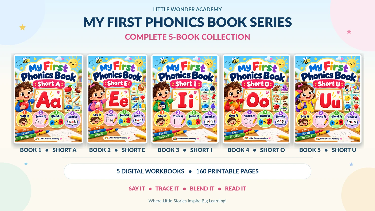 Original approved complete My First Phonics five-book collection image showing Short A, E, I, O, U